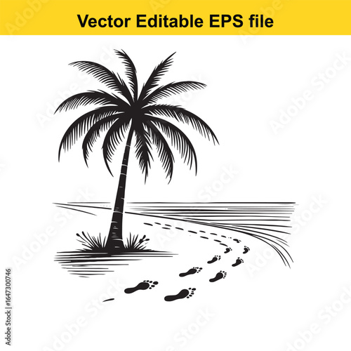 Island, beach, palm footprints on a sandy beach leading to a palm tree, isolated on white background
