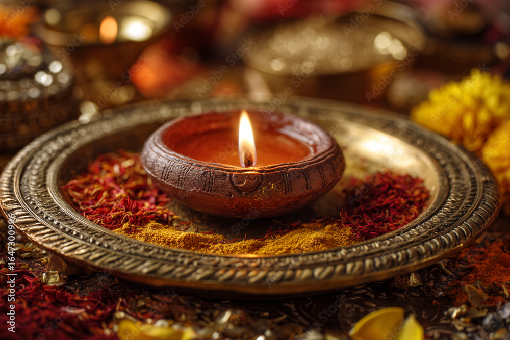 Obraz premium Single Glowing Clay Diya on Engraved Brass Pooja Thali with Kumkum, Turmeric, Rice, and Flower Petals, Top-Down View, Festive Indian Decor