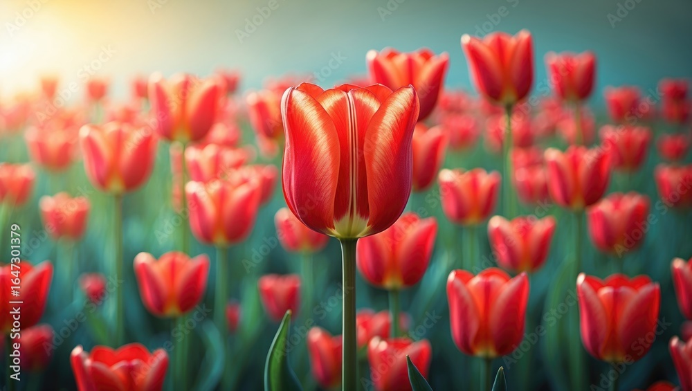 Fototapeta premium A field of red tulips with one prominent tulip in the center, bright and vibrant, against a blurred green and blue background.