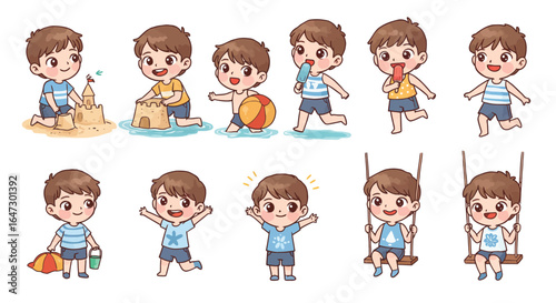 Cute cartoon boy character engaged in various summer activities like building sandcastles, playing with a ball, eating ice cream, and swinging.