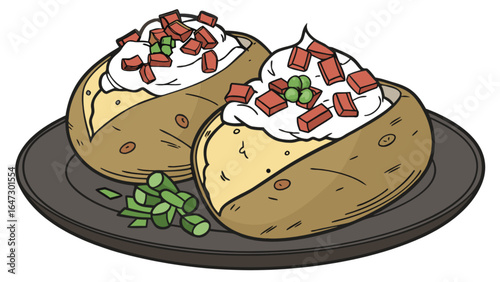 Delicious baked potatoes with sour cream chives and bacon bits a tasty and comforting meal idea