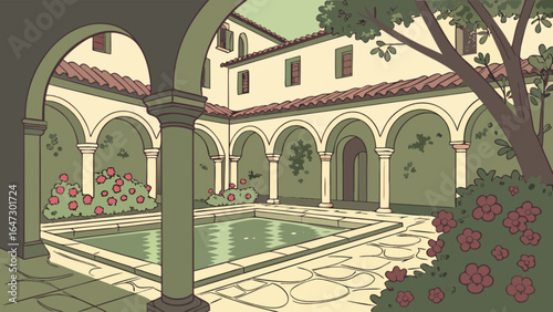 Cartoon illustration of a mediterranean courtyard with arches pool and garden landscape scenery