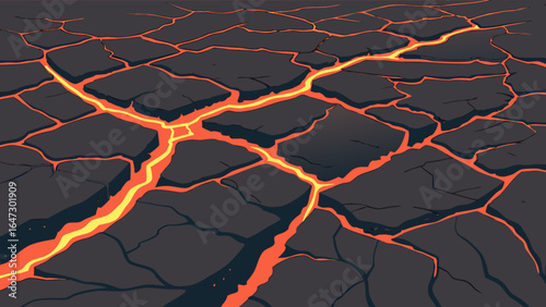 Volcanic lava flow texture background, cracked earth with magma, hot lava stream landscape design