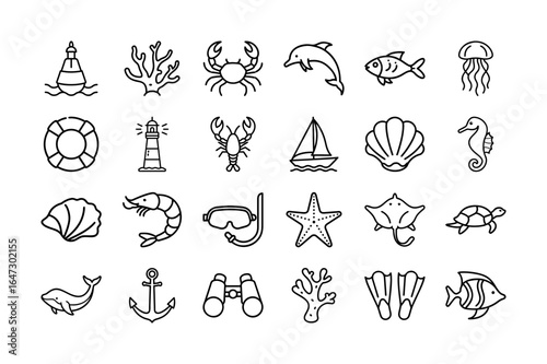 Marine Life Vector Icon Set. Ocean animals, sea creatures, dolphins, fish, turtles, corals, crabs, starfish, lighthouses, sailing, snorkeling, and more. Editable stroke. Vector illustrations.