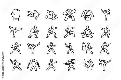 Martial Art Vector Icon Set. Boxing, karate, kung fu, jiu-jitsu, taekwondo, ninja, and more. Kickboxing, self-defense, fighting moves, belts, training equipment. Editable stroke. Vector illustrations.