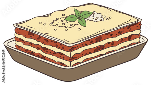 Delicious homemade lasagna recipe illustration with meat sauce and cheese for family dinner night