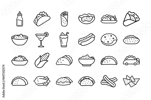 Mexican Fast Food Vector Icon Set. Tacos, burritos, nachos, hot dogs, chips, salsa, drinks, and more. Editable stroke. Vector illustrations.