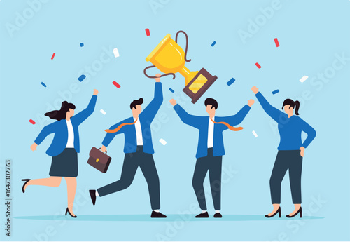 Flat illustration of joyful leader holding winning trophy and colleague team celebrate business success or victory with confetti career award work achievement