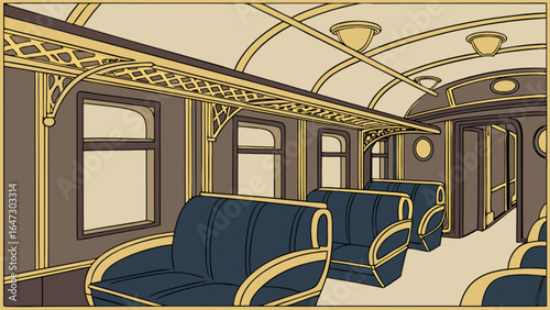 Vintage train car interior illustration with seats and windows for travel and tourism design use
