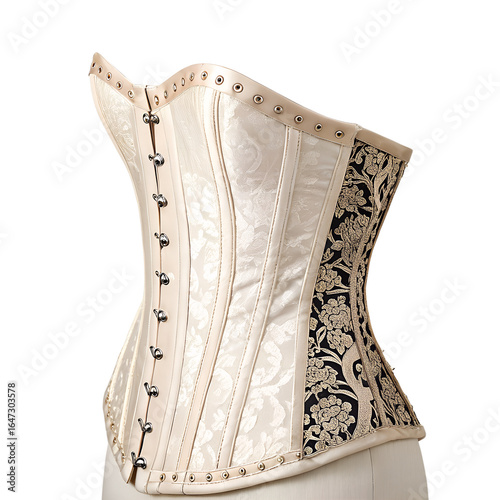 Elegant Corset: A vintage-inspired, ornate corset showcases intricate craftsmanship. The ivory fabric contrasts beautifully with the dark floral details, creating a piece of wearable art.