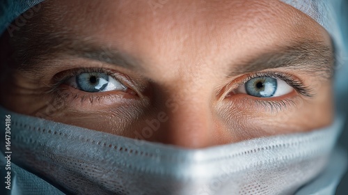 Close-up of a male surgeon with striking blue eyes, wearing a surgical mask and cap.