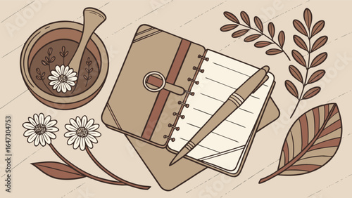 Illustration of herbal medicine preparation with mortar, pestle, flowers, notebook and pen art
