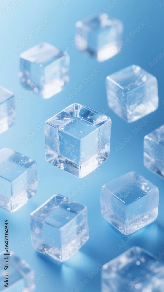 Obraz premium Scattered Ice Cubes on a Light Blue Background