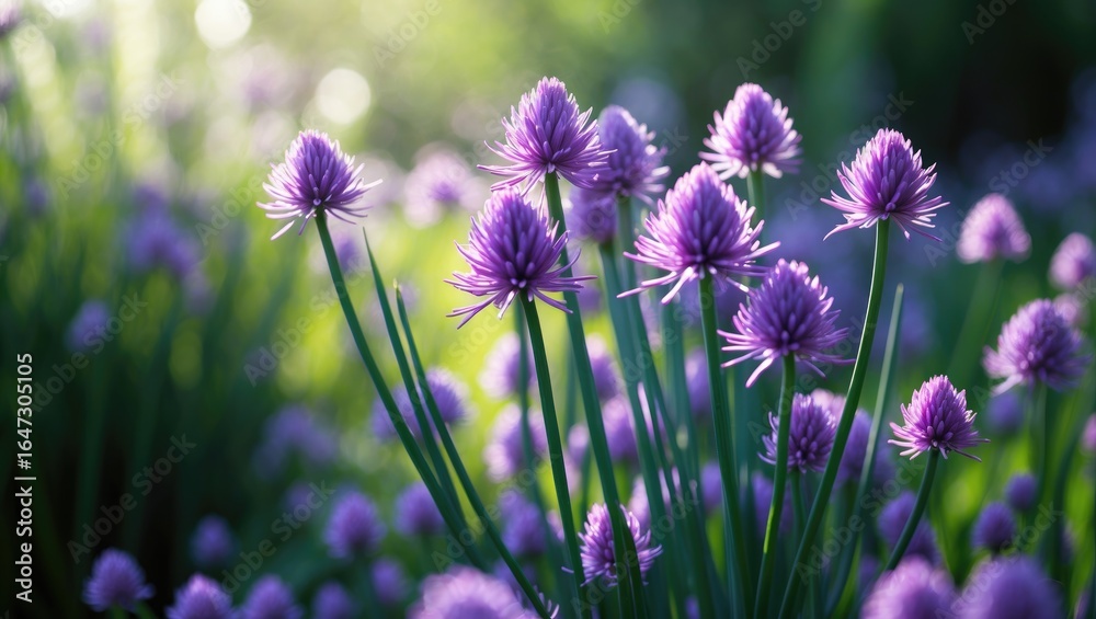 Obraz premium Purple flowers in bloom in a garden with sunlight and greenery.