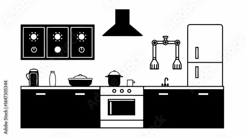 Illustration of a kitchen interior with appliances, cabinets, and cooking utensils in black and white style |  editable eps vectors silhouette