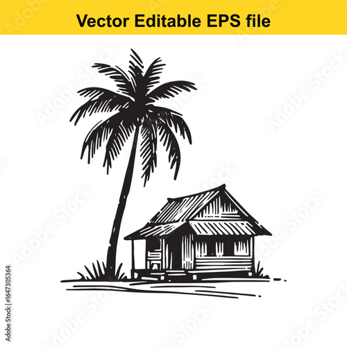 Island, beach, palm tropical hut with a palm tree on a sandy shore