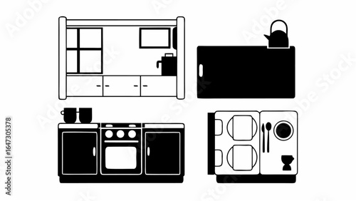 Illustration of a kitchen setup with cabinets, stove, refrigerator, and other kitchen appliances in black and white |  editable eps vectors silhouette
