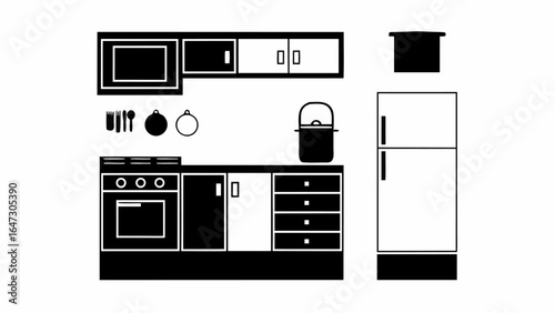 Illustration of a kitchen interior with cabinets oven refrigerator and various kitchen utensils |  editable eps vectors silhouette