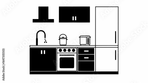 Illustration of a kitchen interior with cabinets sink oven and other kitchen appliances in black and white |  editable eps vectors silhouette