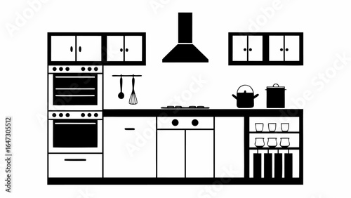 Illustration of a kitchen interior with cabinets, oven, utensils and various kitchen appliances shown |  editable eps vectors silhouette