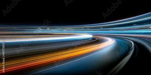 長時間露光による抽象的な光の軌跡と歪んだ遠近法