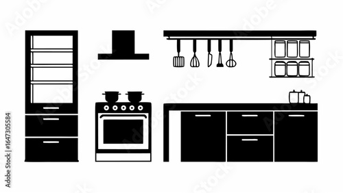 Illustration of a kitchen interior with cabinets, stove, range hood, and hanging utensils in black and white |  editable eps vectors silhouette