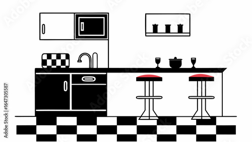 Stylized black and white kitchen interior with checkerboard floor and bar stools and kitchenware |  editable eps vectors silhouette