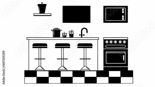 Black and white kitchen scene with stools, counter, oven, sink, and checkered floor design view |  editable eps vectors silhouette