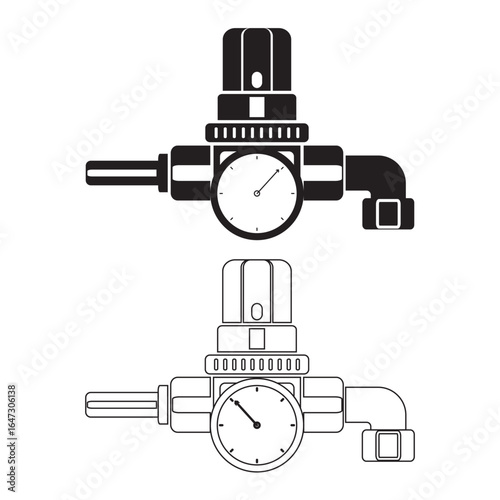 Pressure regulator valve vector in solid and outline style, ideal for engineering diagrams, pneumatic systems, fluid control equipment, and industrial automation illustrations.