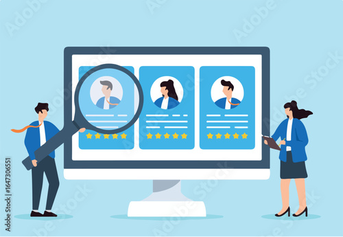 Recruiter reviewing candidate profiles through digital screen concept modern recruitment technology in hiring virtual employee evaluation online screening