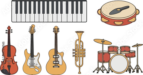 Flat lay of various musical instruments including a keyboard, bongo, violin, guitars, trumpet, and drum set against a clean white background.