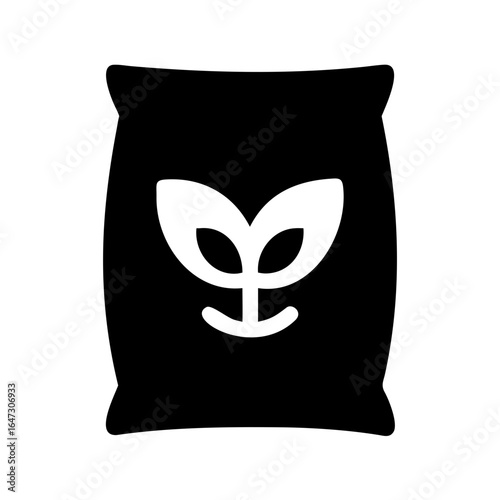 Black bag of soil, sprouting seedling graphic.
