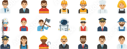 Flat lay illustration of various professionals and workers in different occupations and uniforms on a white background