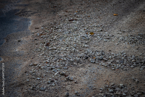 A detailed view of a weathered gravel and dirt road with uneven clusters of small gray stones scattered across the surface, featuring patches of exposed ground and a few yellow leaves