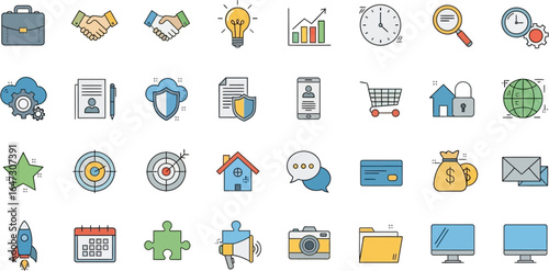 Flat lay collection of colorful business and marketing icons including briefcase, handshake, lightbulb, graph, clock, magnifying glass, cloud, document, shield, profile, shopping cart,
