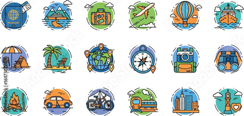 Collection of twenty-four colorful travel icons depicting various modes of transport, landmarks, and activities, presented in a flat-lay style against a white background, showcasing a