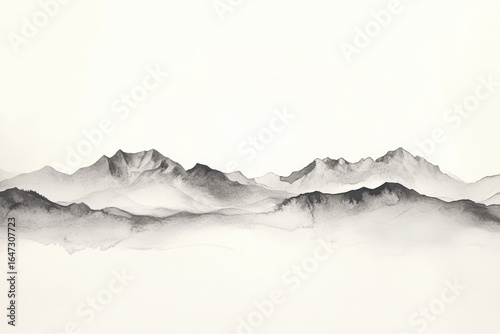 Monochrome Mountainscape: A serene depiction of layered mountains with a foggy, ethereal quality rendered in shades of gray and white.