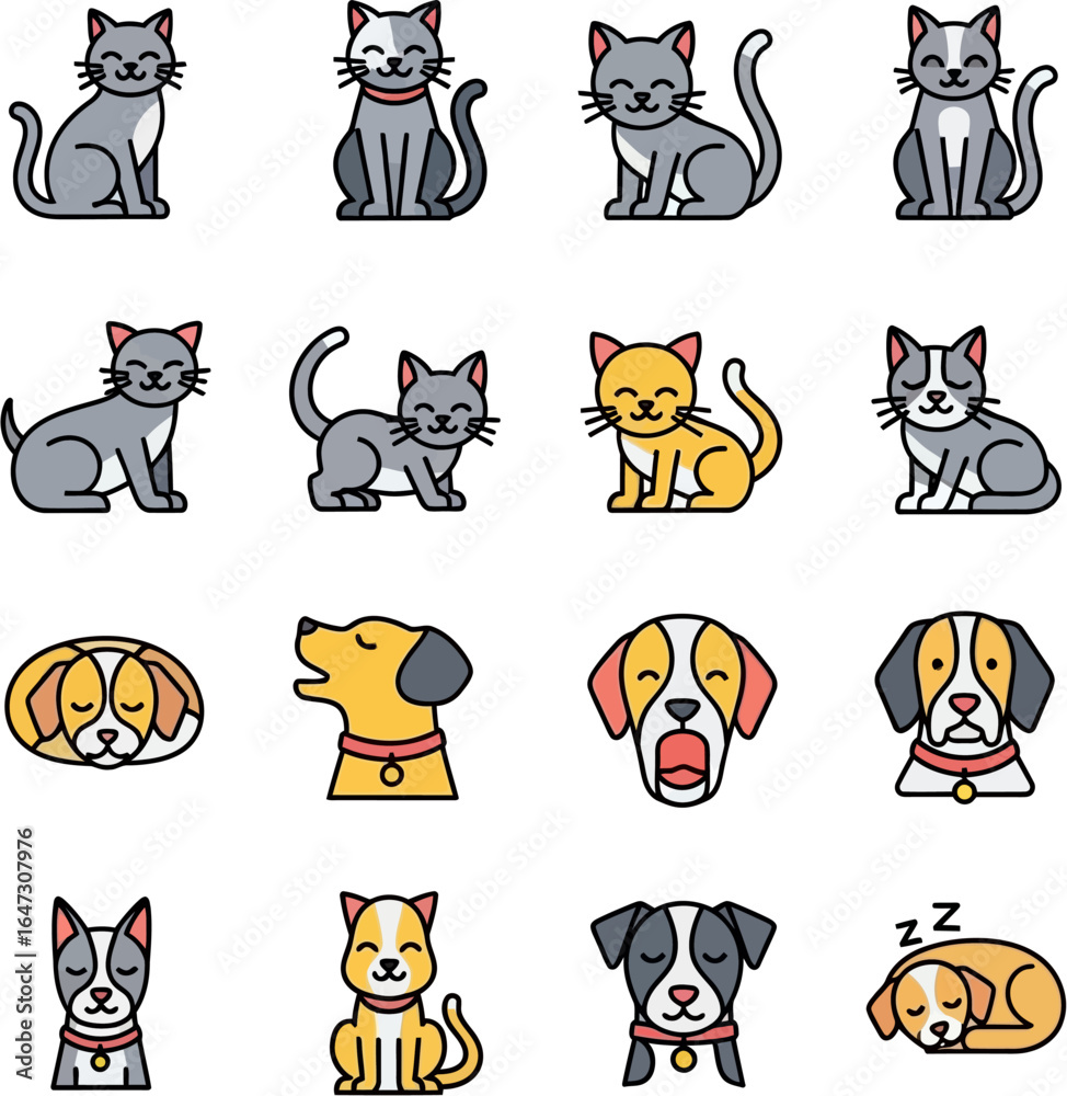 Fototapeta premium Flat lay illustration of various cute cats and dogs in different poses and colors, showcasing a playful and cheerful mood against a white background. The vector icons feature clean lines