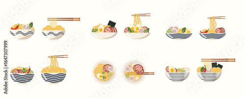 Large vector set of ramen illustrations in light plates. Asian Japanese traditional food. noodles. elements for banners, posters, printed products, advertising, branding
