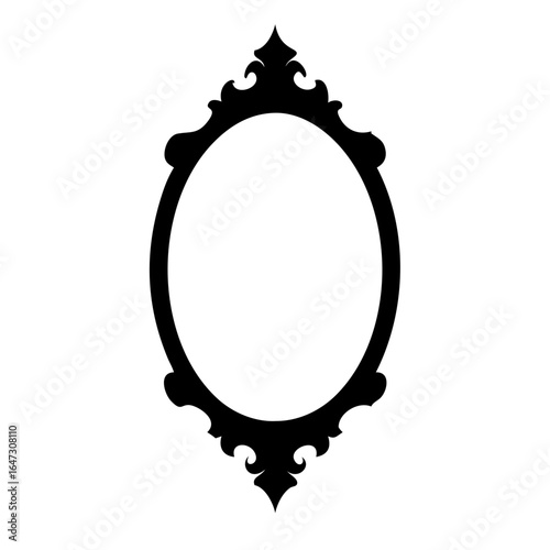 Ornate oval mirror frame, black silhouette.
