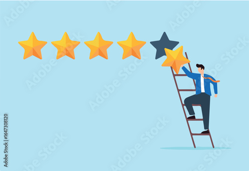 Flat illustration businessman climb up ladder to place fifth star representing 5 star rating for high quality service