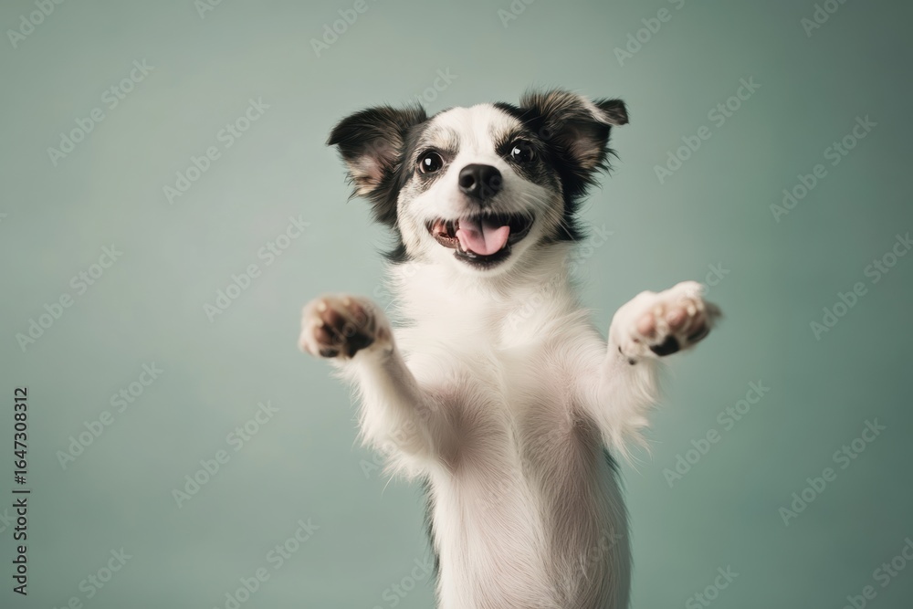Fototapeta premium Joyful dog displays happiness in playful pose against a simple backdrop