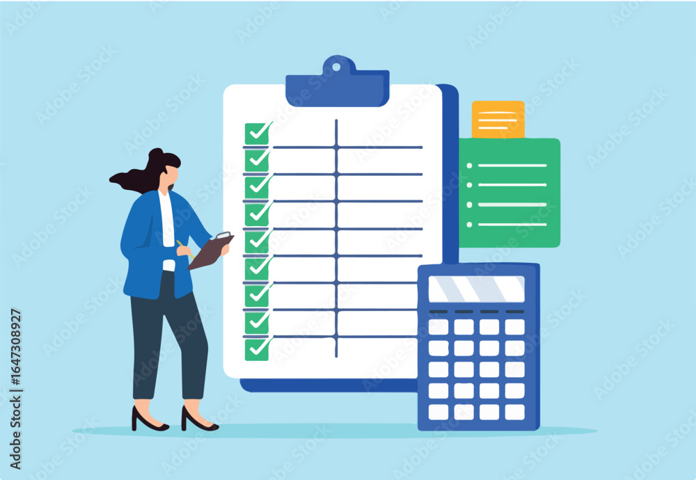 Flat illustration of female professional accountant hold clipboard complete item on business checklist spreadsheet with calculator Flat illustration of female professional accountant hold clipboard complete item on business checklist spreadsheet with calculator