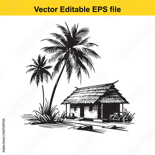 Island, beach, palm rustic hut with palm trees and bicycle on a tropical island, isolated on white background