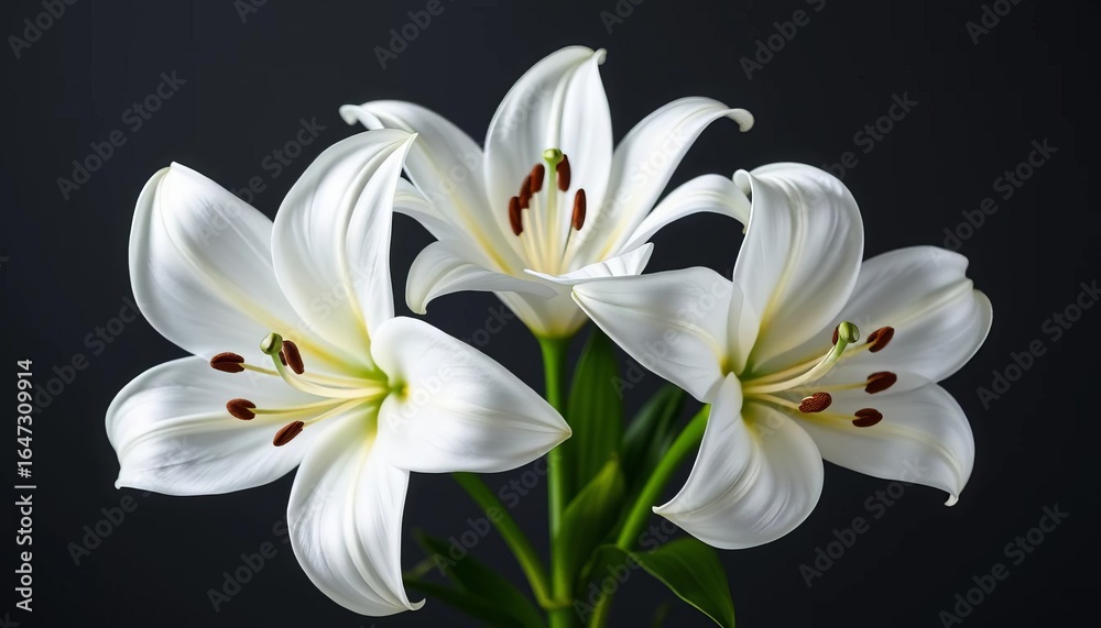 Fototapeta premium Three pristine white lilies arranged in a delicate circular frame, background, serene
