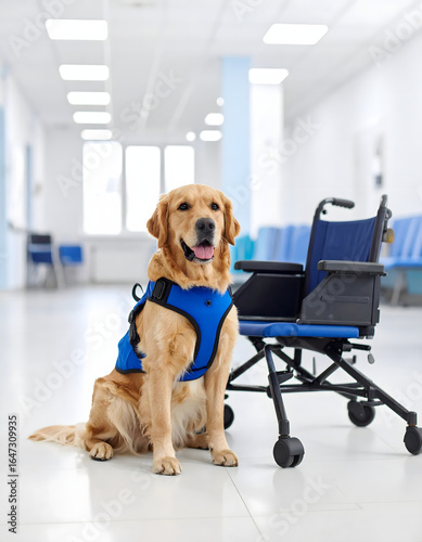 Golden Retriever Service Dog Sitting Patiently in a Hospital Waiting Room