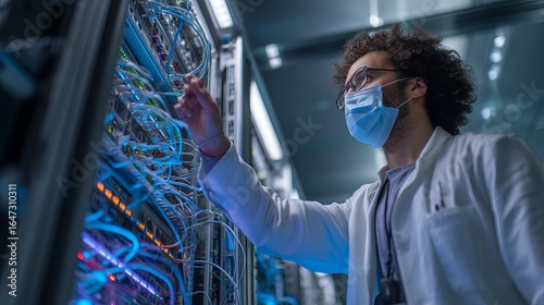 Male individual adjusting server connections in a data center, wearing a mask and lab coat.