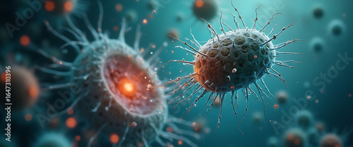Microscopic image of a primary amebic meningoencephalitis (PAM) infection. This image shows the amoeba causing PAM, highlighting its morphology and interactions with host cells. 