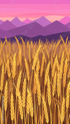 Golden wheat fields under a vibrant sunset sky paint a serene rural landscape, promising a bountiful harvest