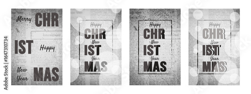 Retro. Vector Retro Merry Christmas and Happy New Year grunge poster cover set with Retro newspaper background. Vintage paper printed Xmas postcard collection. 